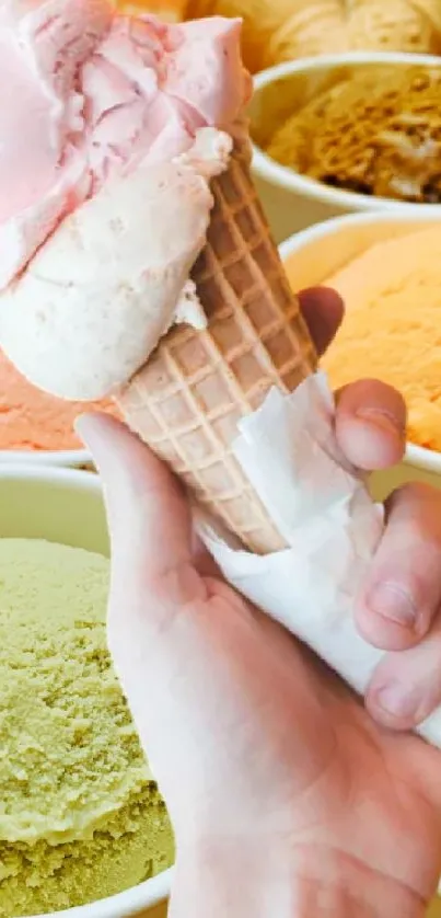 Hand holding ice cream cone with colorful scoops.