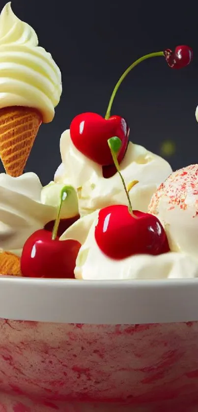 Colorful ice cream sundae with cherries and cones.