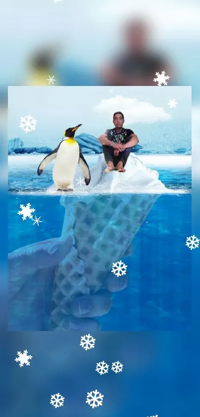 Whimsical wallpaper with penguin on blue ice cream cone.