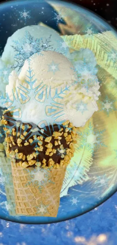 Ice cream cone with snowflakes in a glass globe, evoking winter fantasy.