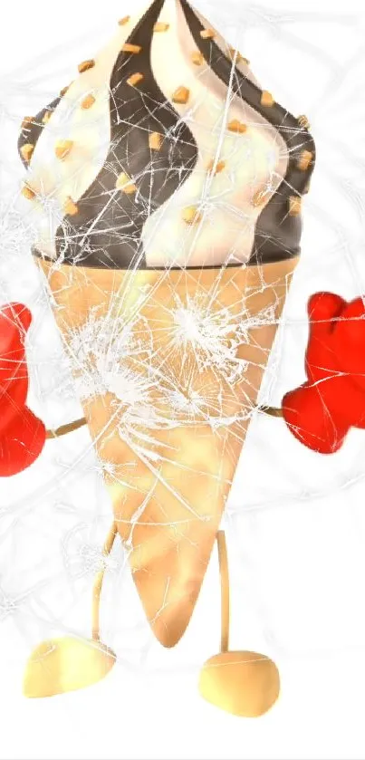 Ice cream cone with boxing gloves on shattered glass background.