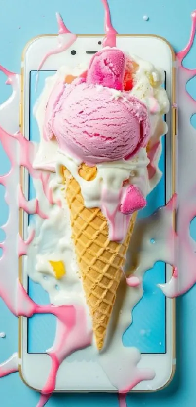 Ice cream cone splattered on a smartphone.