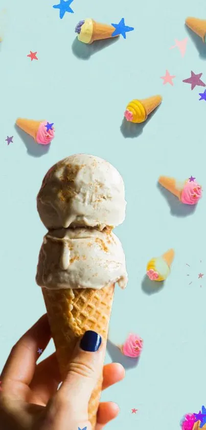 Pastel ice cream cone with colorful floating elements.