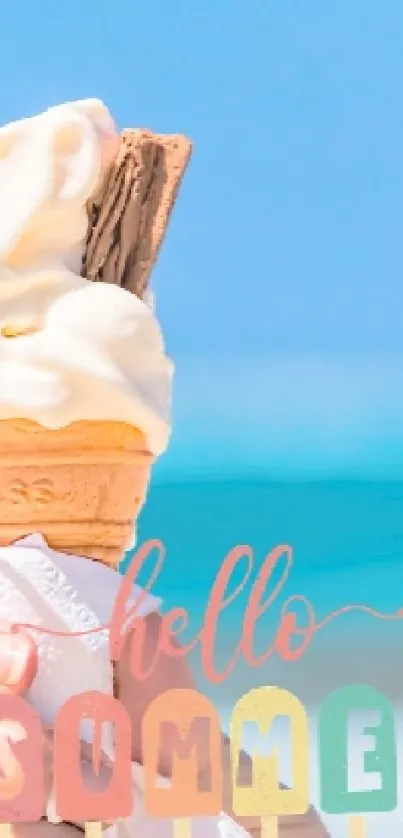 Ice cream cone with summer text on a beach background.