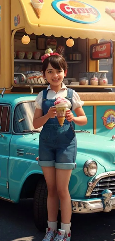 Little girl enjoying ice cream by a colorful vintage truck.