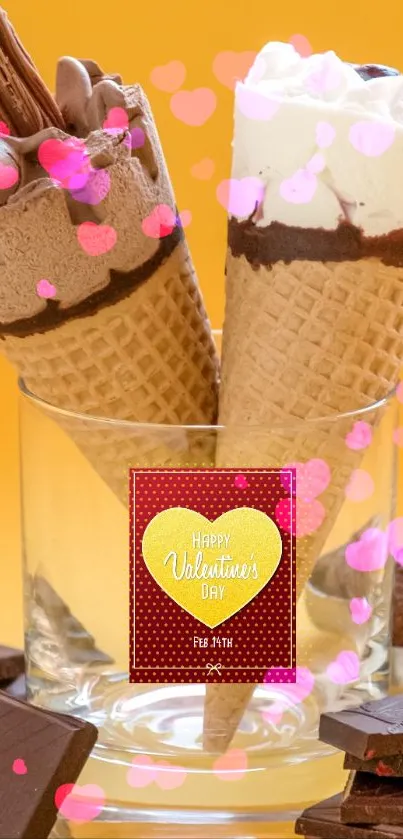 Valentine's Day ice cream cones with heart decorations.