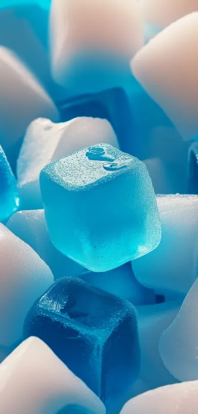 Close-up of blue and white ice cubes in vibrant light.