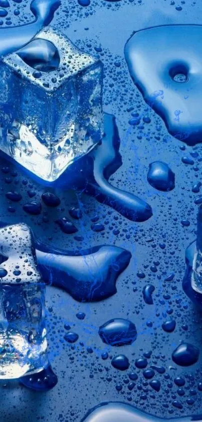 Blue ice cubes on a textured wet surface