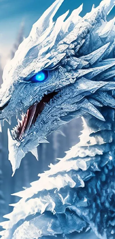 Ice dragon in a snowy forest, fantastical scenery.