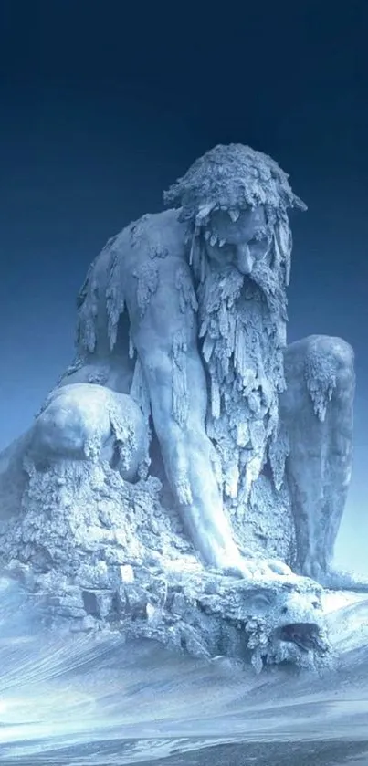 Icy giant sculpture on snowy mountain landscape.