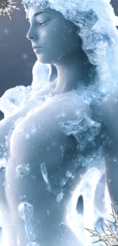 Fantasy art of an ice goddess with intricate snow details in blue tones.