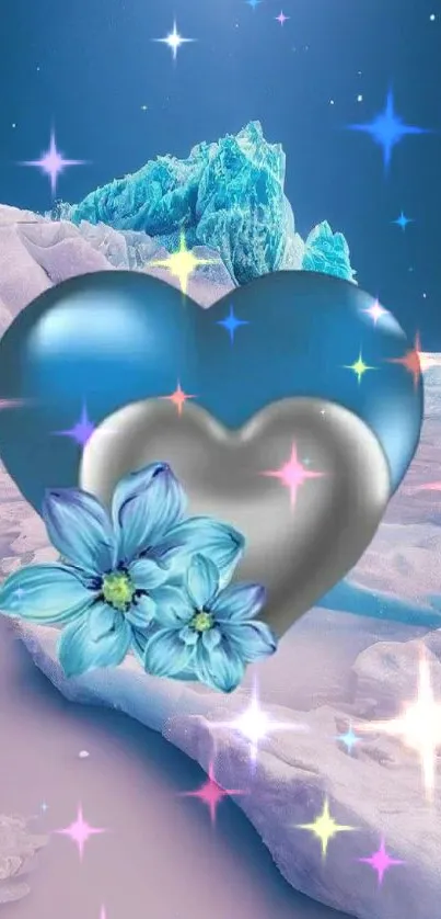 Mobile wallpaper with blue ice heart and flowers.