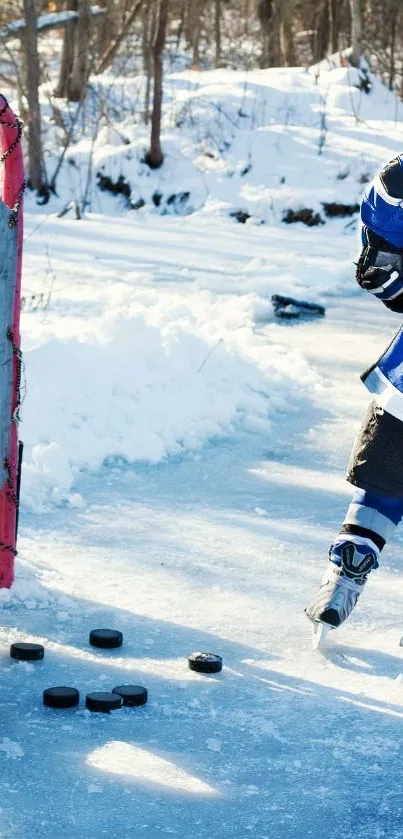 Outdoor hockey game on icy surface, winter scene.