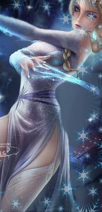 Fantasy ice magic artwork for mobile wallpaper featuring mystical woman.