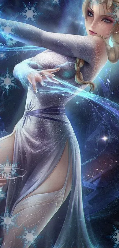 Fantasy ice queen in icy blue attire and ambient glow.