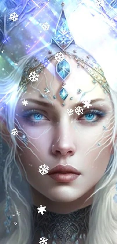 Fantasy Ice Queen with blue and silver hues, enhancing a mystical mobile wallpaper.