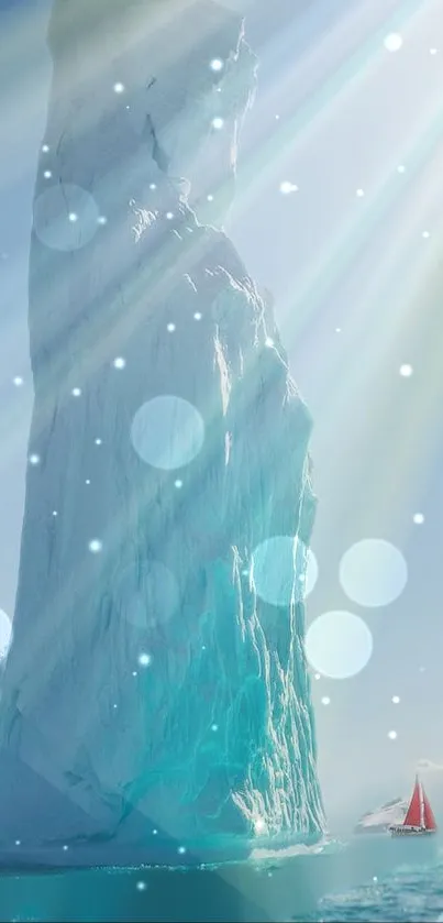 Iceberg with sunlight beams and a serene ocean view, perfect for peaceful wallpapers.