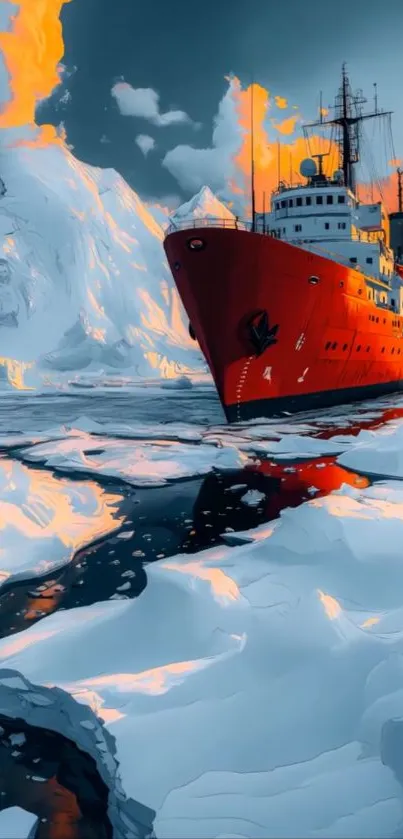 Icebreaker ship in icy Arctic waters at sunset with vibrant skies.