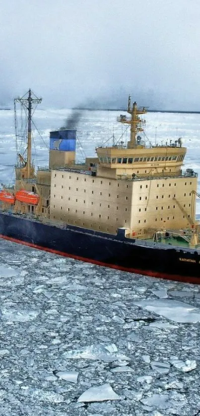 Icebreaker ship navigating through frozen sea, surrounded by ice.