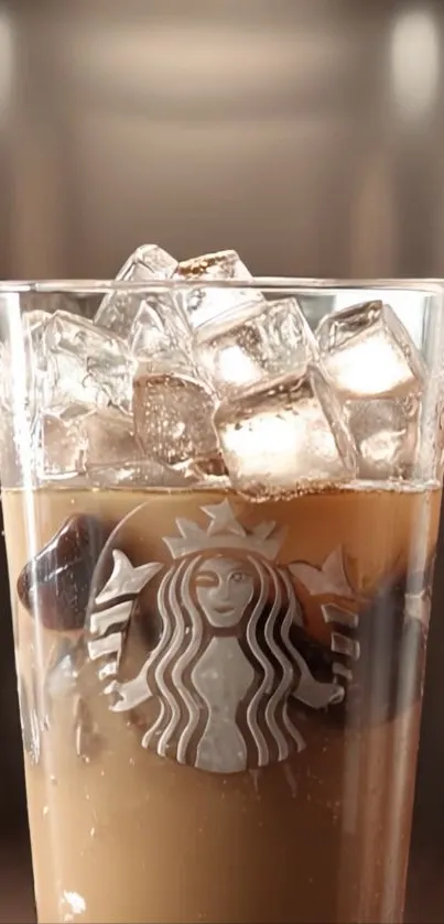 Iced coffee with ice cubes in a branded glass.