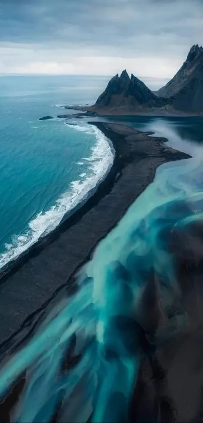 Aerial view of Icelandic coast with turquoise waters and black sand.