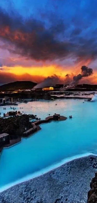 Geothermal waters under a vivid Iceland sunset.