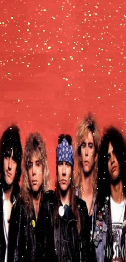 Iconic rock band on a vibrant red background wallpaper.