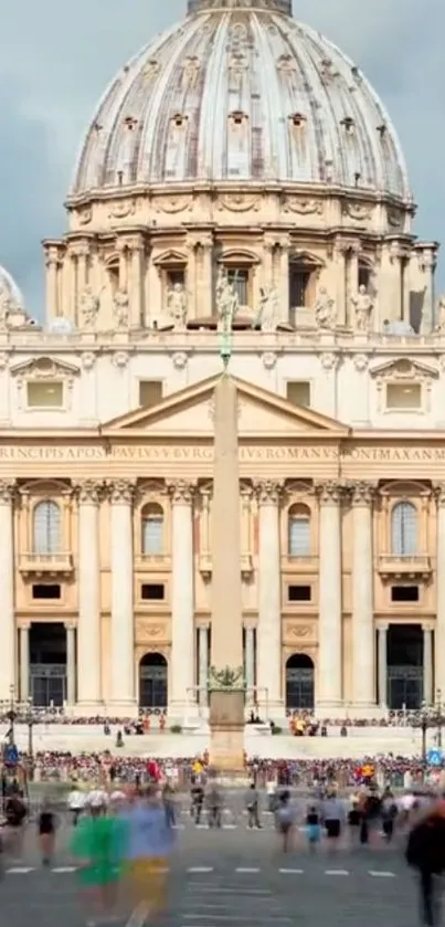 Majestic basilica under a clear sky, bustling with visitors.