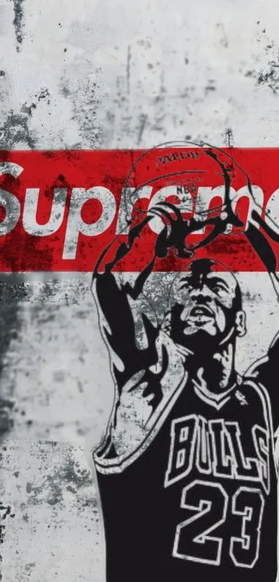 Basketball player art with red and white Supreme branding.