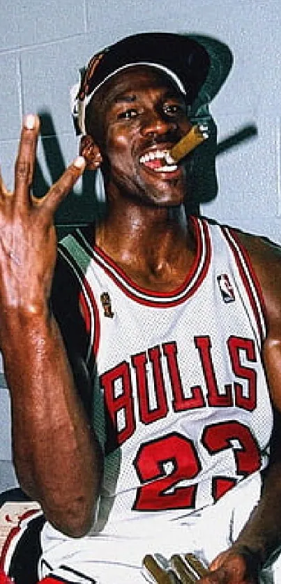 Iconic basketball player celebrating victory with cigar in hand.