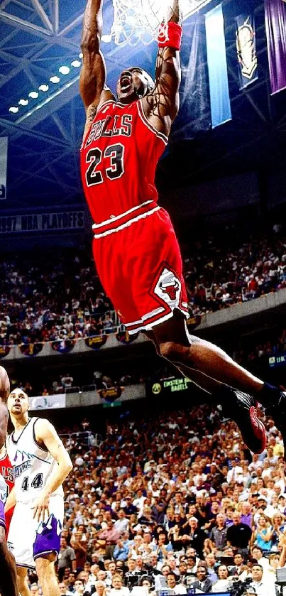 Iconic dunk captured in vibrant basketball action.