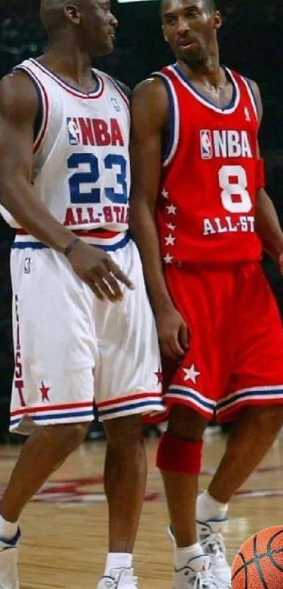 Iconic basketball legends during an NBA game.