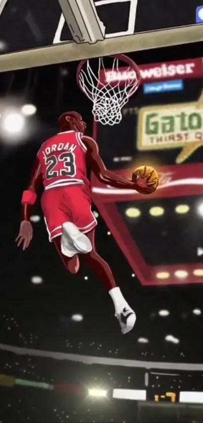 Illustrated basketball player dunking on court.