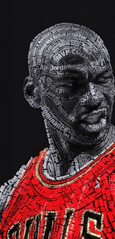 Basketball legend in typography art, red and black design.