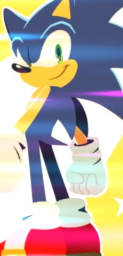 Animated blue hedgehog poses confidently on a yellow background with stars.