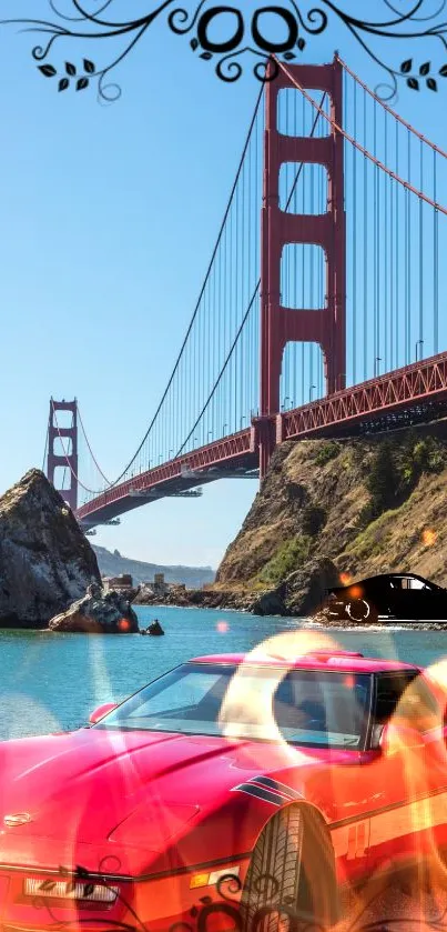 Golden Gate Bridge with classic sports cars in a scenic coastal setting.