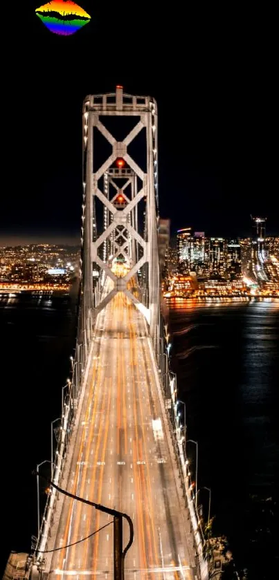 Nighttime view of an iconic illuminated bridge with cityscape backdrop.