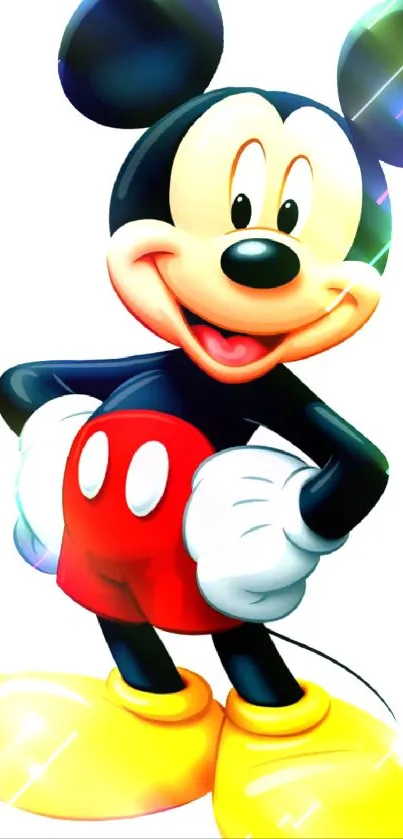 Mickey Mouse in classic cartoon style with bold colors, standing with hands on hips.