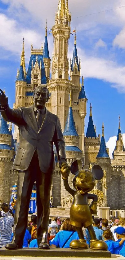 Iconic castle and statue in fantasy theme park.