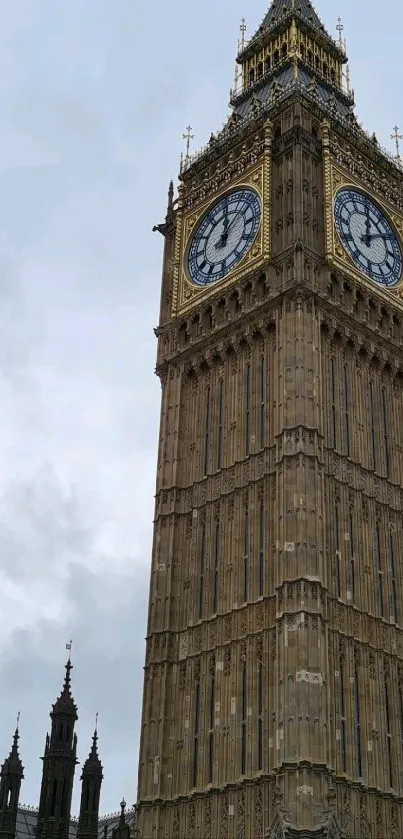 Iconic clock tower against a cloudy sky.