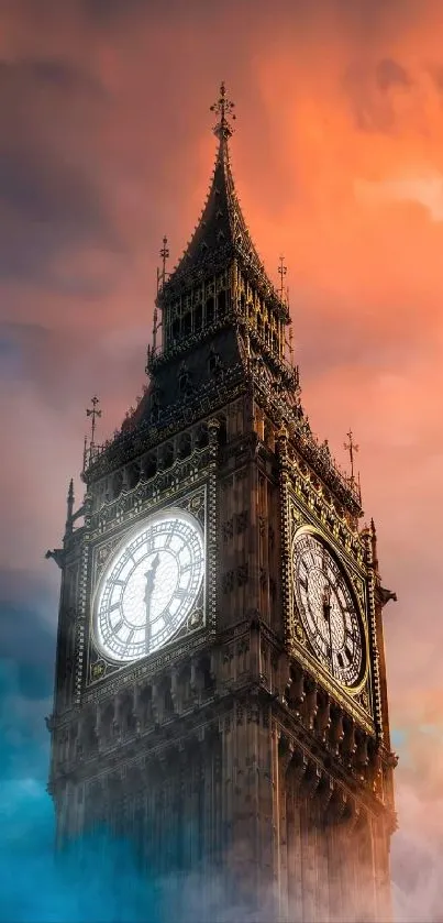 Tall clock tower with dramatic sky at sunset, perfect for mobile wallpaper.