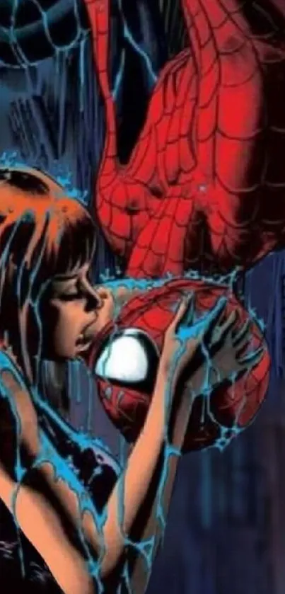 Comic book style kiss scene in vivid colors.