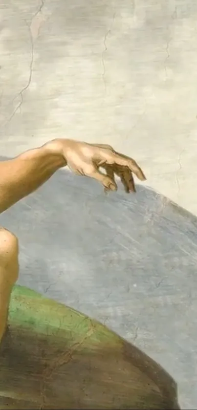 Close-up of Michelangelo's 'Creation of Adam' with hands almost touching.