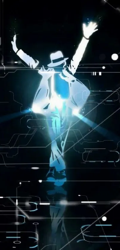 Silhouette of a dancer in glowing blue light on a dark background.