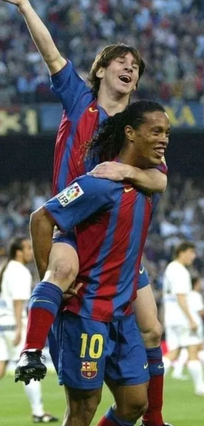 Two renowned football players celebrating on the field in vibrant colors.