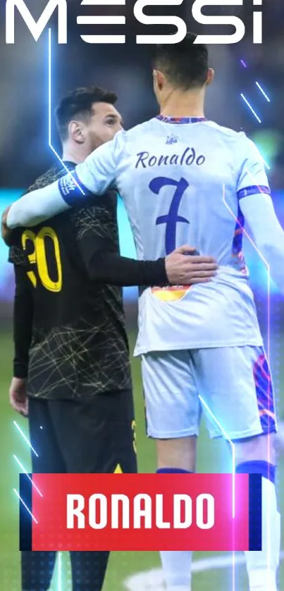 Two iconic football players embracing on the field.