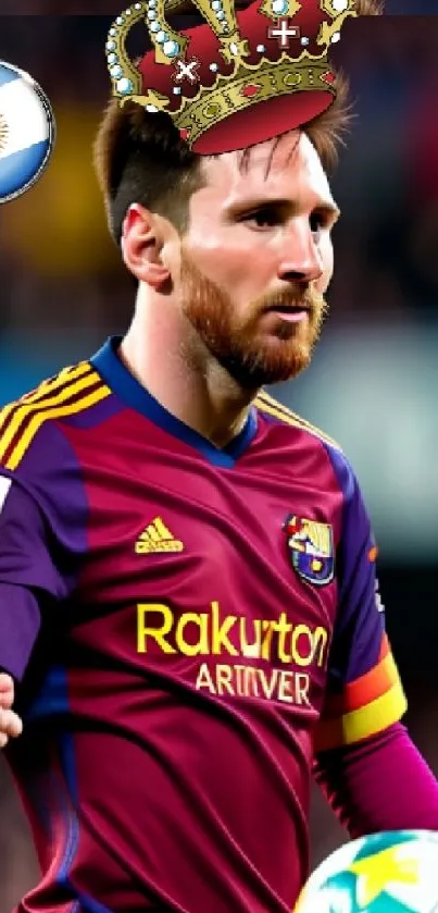 Football legend in maroon jersey with crown and Argentina emblem.