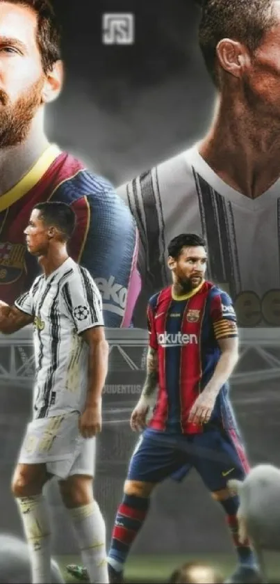 Epic football legends in stadium wallpaper.