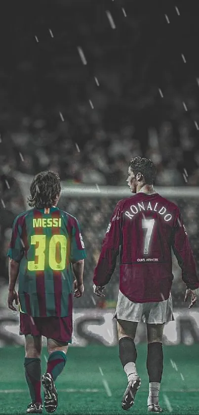 Iconic football players walking on field.