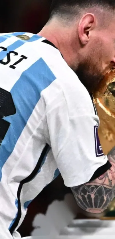 Athlete kissing a golden trophy in celebration.